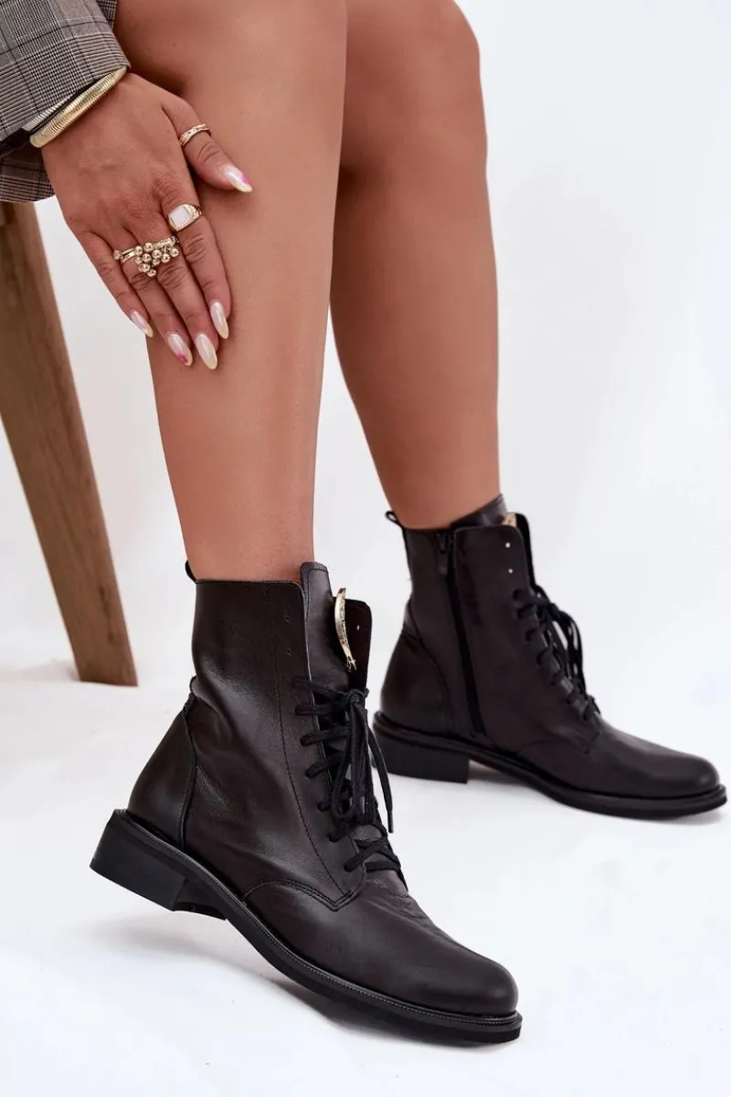 Clearance Zazoo Skórzane Botki Damskie Na Płaskim Obcasie Ze Złotym Detalem 3084 Czarne Czarny