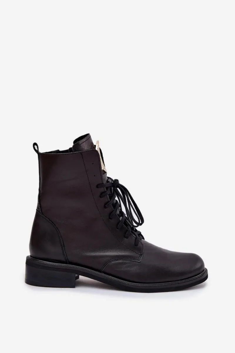 Clearance Zazoo Skórzane Botki Damskie Na Płaskim Obcasie Ze Złotym Detalem 3084 Czarne Czarny