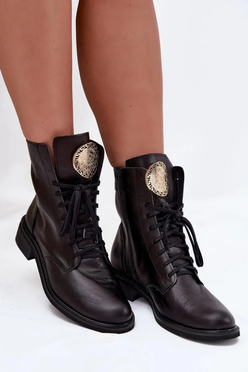 Clearance Zazoo Skórzane Botki Damskie Na Płaskim Obcasie Ze Złotym Detalem 3084 Czarne Czarny