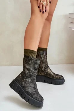 Botki Maciejka|Botki Na Koturnie>Maciejka Skórzane Botki Damskie Na Masywnej Platformie 06766-09 Khaki