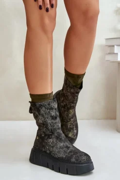 Botki Maciejka|Botki Na Koturnie></noscript>Maciejka Skórzane Botki Damskie Na Masywnej Platformie 06766-09 Khaki