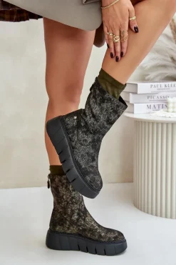 Botki Maciejka|Botki Na Koturnie></noscript>Maciejka Skórzane Botki Damskie Na Masywnej Platformie 06766-09 Khaki