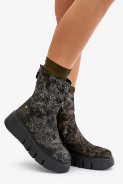 Botki Maciejka|Botki Na Koturnie></noscript>Maciejka Skórzane Botki Damskie Na Masywnej Platformie 06766-09 Khaki