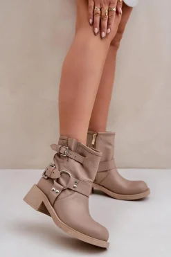 Botki Na Obcasie>Zazoo Skórzane Botki Damskie Na Niskim Obcasie Klocku Z Paskami 3644 Beżowe Beżowy