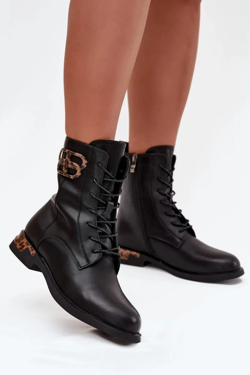 Botki Ocieplane|Botki Skórzane>Artiker Skórzane Botki Damskie Na Płaskim Obcasie Z Ozdobą Ocieplane 57C1064 Czarne