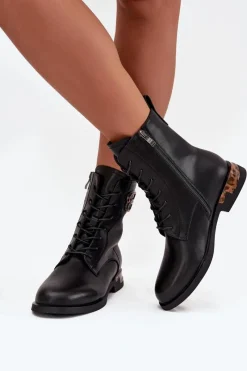Botki Ocieplane|Botki Skórzane>Artiker Skórzane Botki Damskie Na Płaskim Obcasie Z Ozdobą Ocieplane 57C1064 Czarne