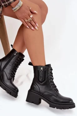 Discount Skórzane Botki Damskie Na Klocku Ocieplane Vinceza 86418 Czarne Damskie Botki Ocieplane|Botki Sznurowane