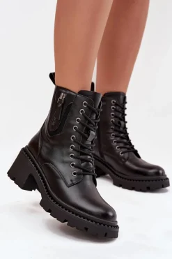 Discount Skórzane Botki Damskie Na Klocku Ocieplane Vinceza 86418 Czarne Damskie Botki Ocieplane|Botki Sznurowane
