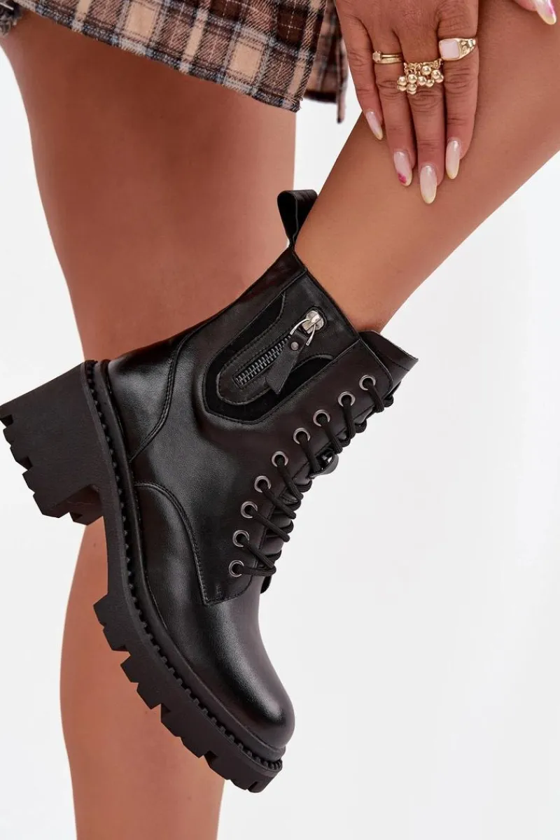 Discount Skórzane Botki Damskie Na Klocku Ocieplane Vinceza 86418 Czarne Damskie Botki Ocieplane|Botki Sznurowane