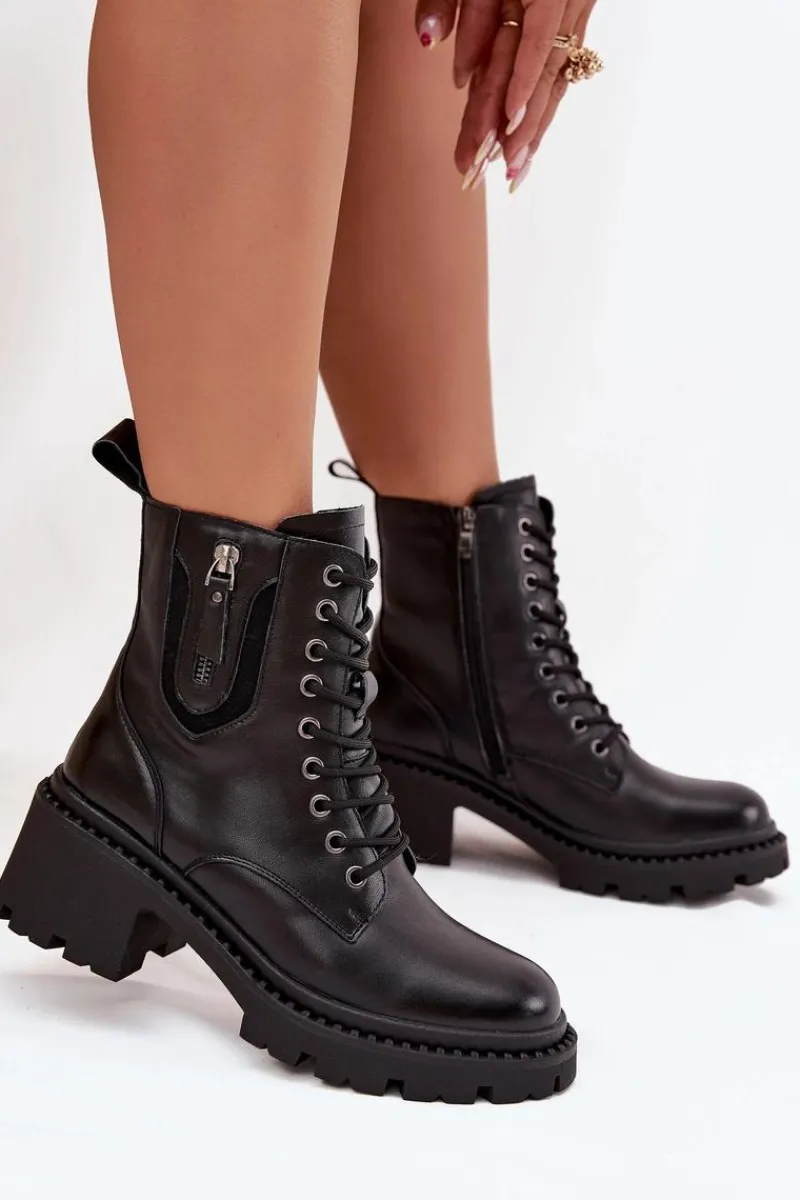 Discount Skórzane Botki Damskie Na Klocku Ocieplane Vinceza 86418 Czarne Damskie Botki Ocieplane|Botki Sznurowane
