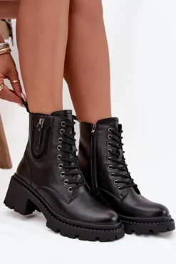 Discount Skórzane Botki Damskie Na Klocku Ocieplane Vinceza 86418 Czarne Damskie Botki Ocieplane|Botki Sznurowane