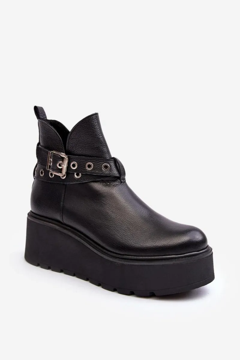 Botki Skórzane|Botki Na Koturnie>Zazoo Skórzane Botki Damskie Na Koturnie Platformie Z Paskami 1752 Czarne