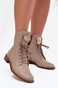 Best Skórzane Botki Damskie Na Płaskim Obcasie Ze Złotym Detalem 3084 Beżowe Damskie Botki Sznurowane|Botki Płaskie