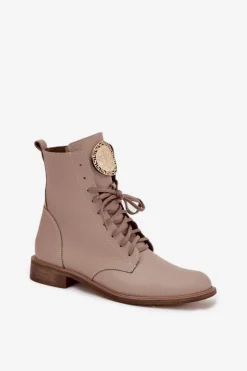 Best Skórzane Botki Damskie Na Płaskim Obcasie Ze Złotym Detalem 3084 Beżowe Damskie Botki Sznurowane|Botki Płaskie