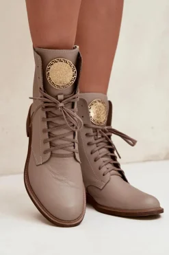 Best Skórzane Botki Damskie Na Płaskim Obcasie Ze Złotym Detalem 3084 Beżowe Damskie Botki Sznurowane|Botki Płaskie