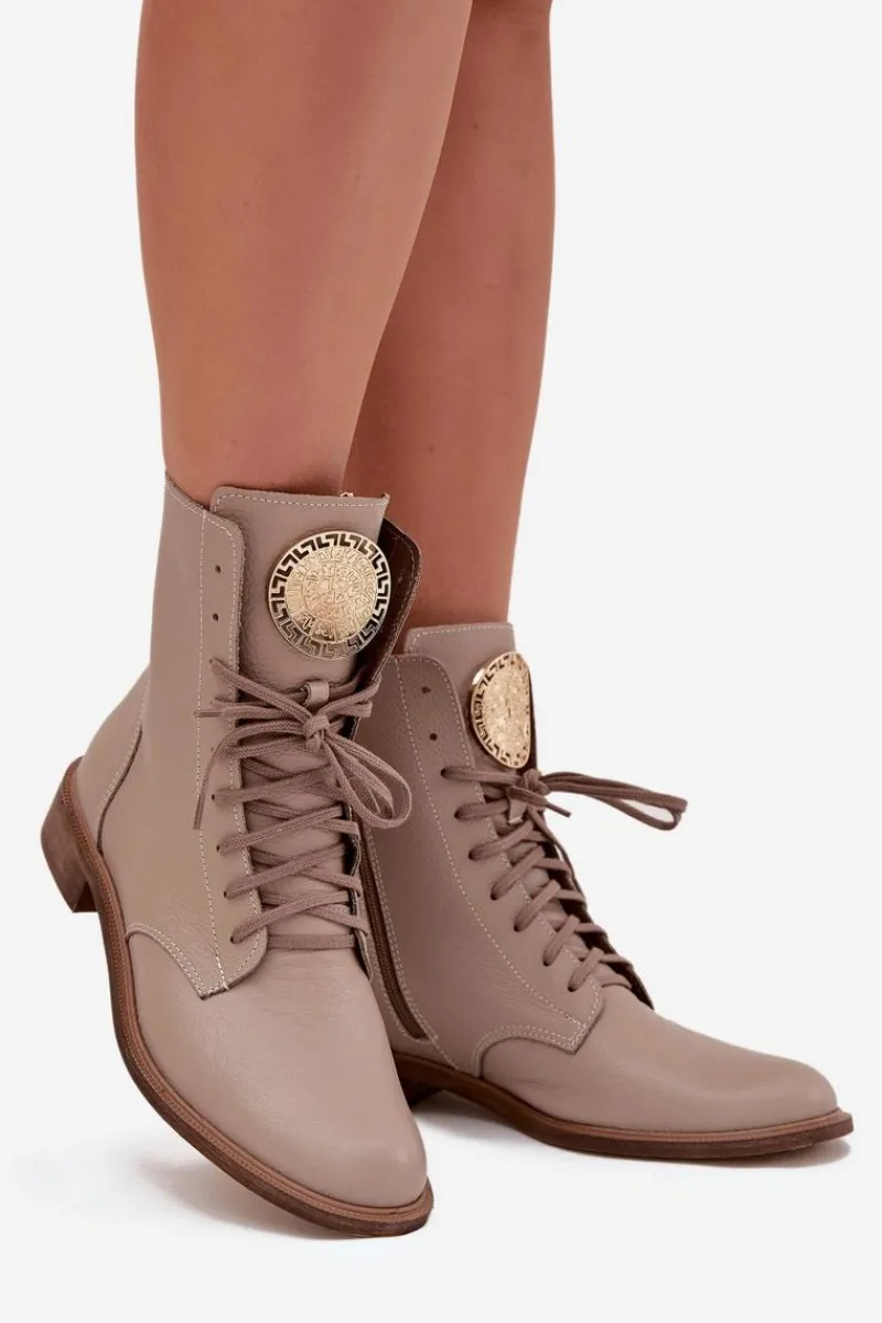 Best Skórzane Botki Damskie Na Płaskim Obcasie Ze Złotym Detalem 3084 Beżowe Damskie Botki Sznurowane|Botki Płaskie