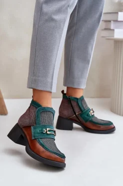 Outlet Skórzane Botki Damskie Na Masywnym Obcasie Z Ozdobą 06747-29 Brązowo-Zielone Damskie Botki Maciejka|Botki Skórzane