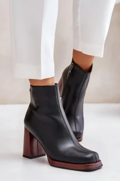 Botki Na Słupku|Czarne Botki>Damskie buty S.Barski Skórzane Botki Damskie Na Słupku Ocieplane D&A JC42-37 Czarne