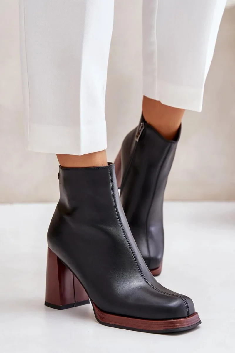 Botki Na Słupku|Czarne Botki>Damskie buty S.Barski Skórzane Botki Damskie Na Słupku Ocieplane D&A JC42-37 Czarne