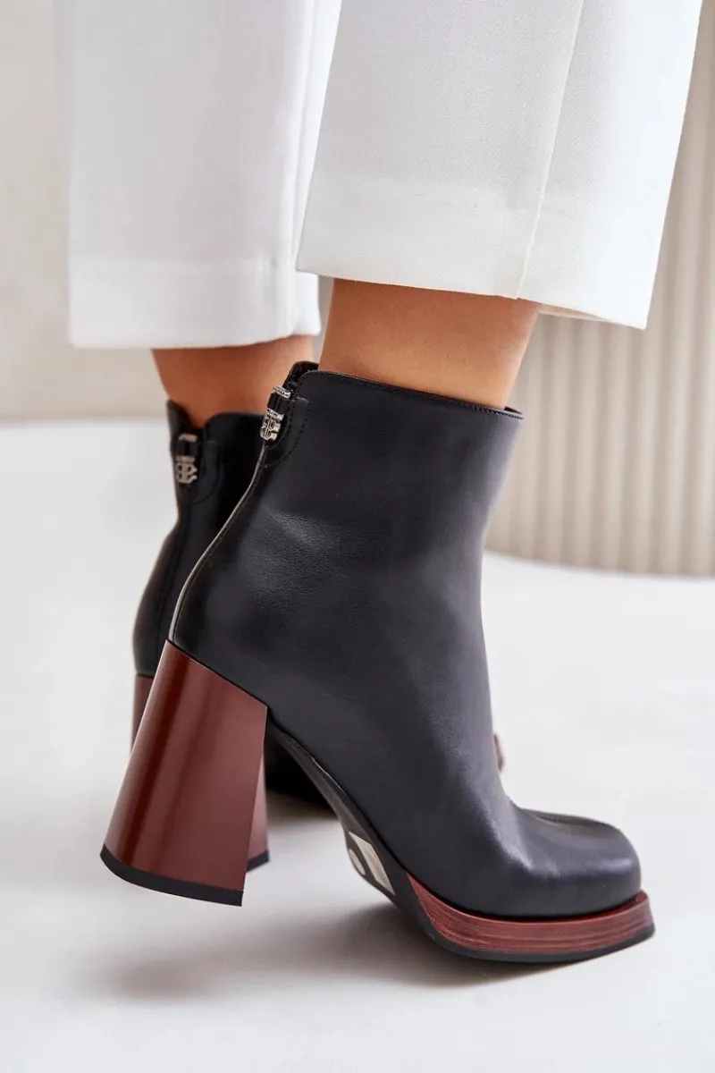 Botki Na Słupku|Czarne Botki>Damskie buty S.Barski Skórzane Botki Damskie Na Słupku Ocieplane D&A JC42-37 Czarne