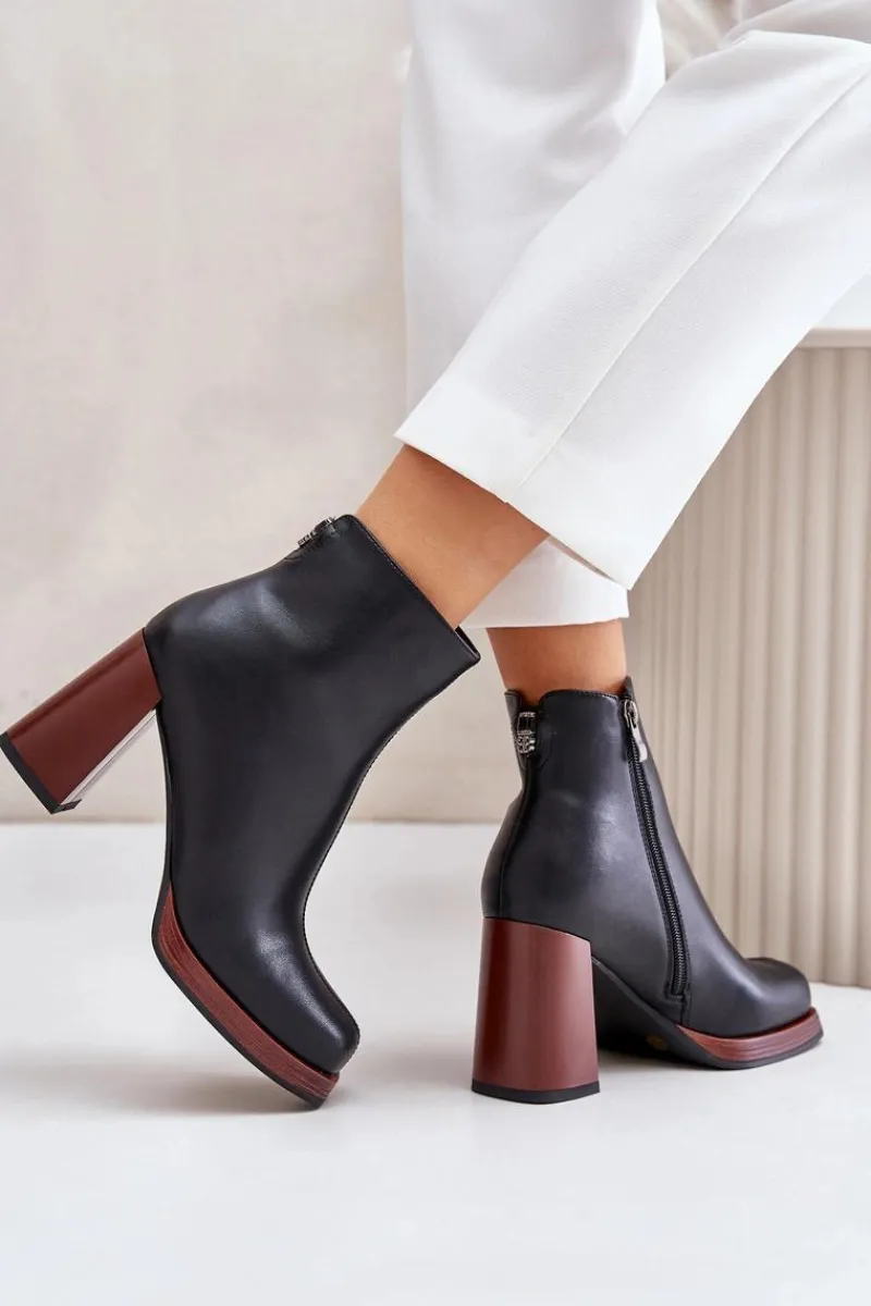 Botki Na Słupku|Czarne Botki>Damskie buty S.Barski Skórzane Botki Damskie Na Słupku Ocieplane D&A JC42-37 Czarne