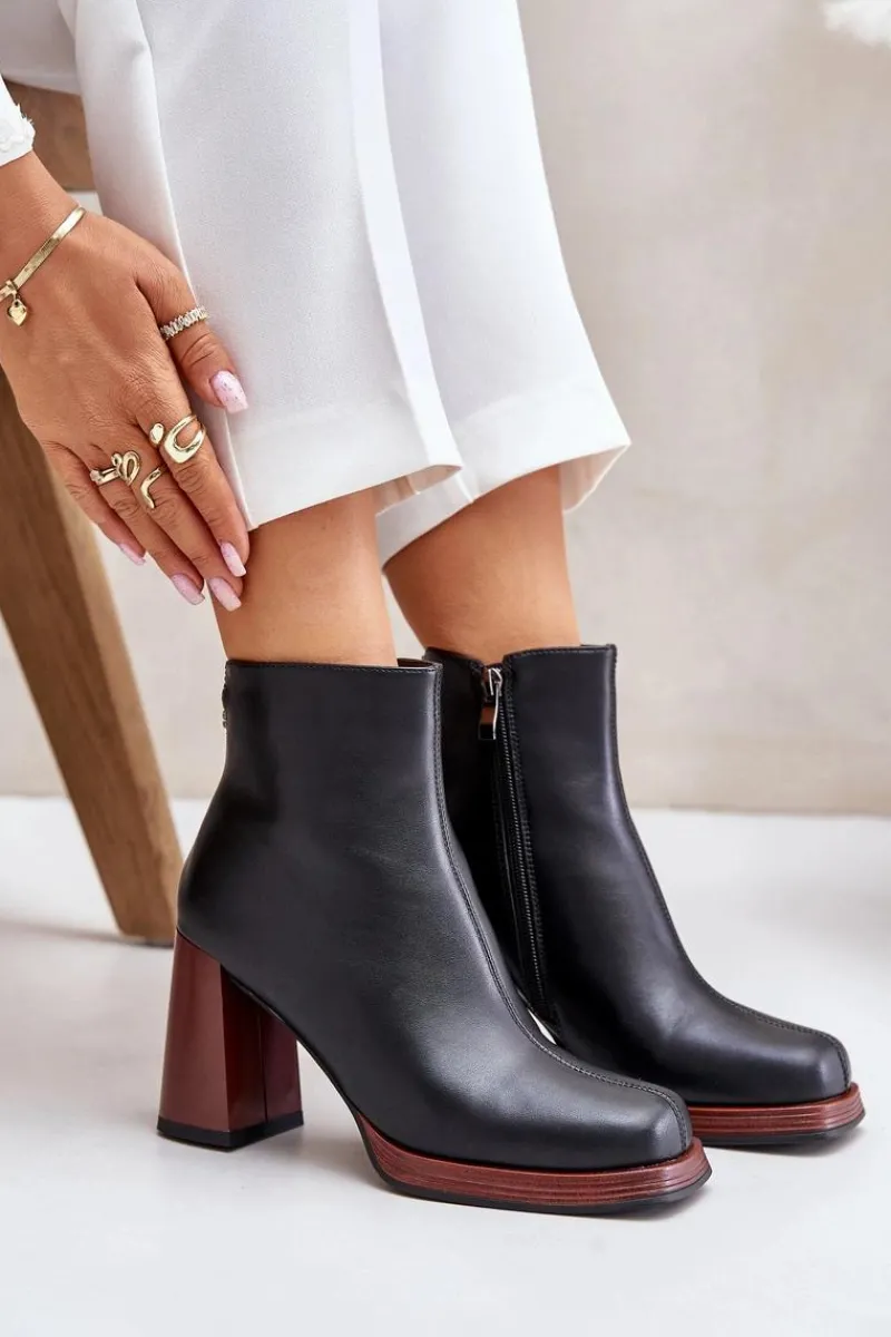 Botki Na Słupku|Czarne Botki>Damskie buty S.Barski Skórzane Botki Damskie Na Słupku Ocieplane D&A JC42-37 Czarne