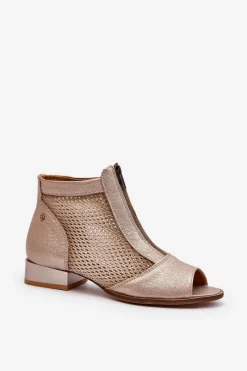 Outlet Skórzane Botki Damskie Na Płaskim Obcasie Z Odkrytymi Palcami 06413-25 Złote Damskie Botki Wiosenne|Botki Maciejka