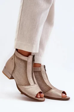 Outlet Skórzane Botki Damskie Na Płaskim Obcasie Z Odkrytymi Palcami 06413-25 Złote Damskie Botki Wiosenne|Botki Maciejka