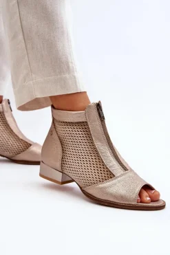 Outlet Skórzane Botki Damskie Na Płaskim Obcasie Z Odkrytymi Palcami 06413-25 Złote Damskie Botki Wiosenne|Botki Maciejka