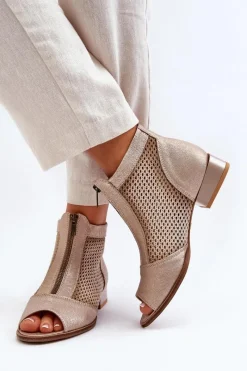 Outlet Skórzane Botki Damskie Na Płaskim Obcasie Z Odkrytymi Palcami 06413-25 Złote Damskie Botki Wiosenne|Botki Maciejka