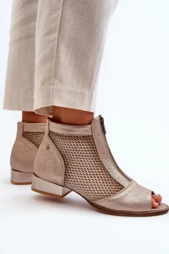 Outlet Skórzane Botki Damskie Na Płaskim Obcasie Z Odkrytymi Palcami 06413-25 Złote Damskie Botki Wiosenne|Botki Maciejka