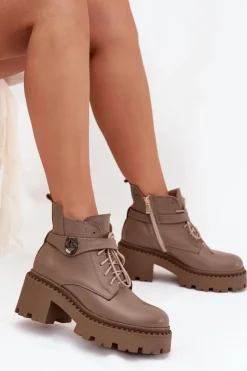 Outlet Skórzane Botki Damskie Na Klocku Z Ozdobnym Paskiem Ocieplane 60557 Ciemnobeżowe Damskie Botki Ocieplane|Brązowe I Beżowe Botki