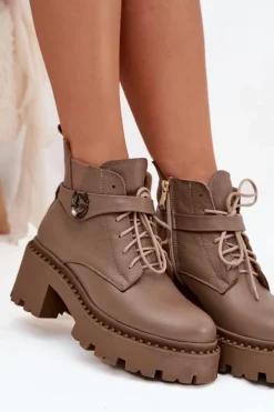 Outlet Skórzane Botki Damskie Na Klocku Z Ozdobnym Paskiem Ocieplane 60557 Ciemnobeżowe Damskie Botki Ocieplane|Brązowe I Beżowe Botki