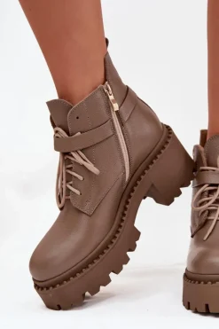 Outlet Skórzane Botki Damskie Na Klocku Z Ozdobnym Paskiem Ocieplane 60557 Ciemnobeżowe Damskie Botki Ocieplane|Brązowe I Beżowe Botki