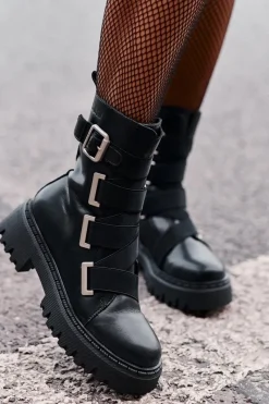 New Skórzane Botki Damskie Ocieplane Big Star OO274A256 Czarne Damskie Botki Skórzane|Botki Płaskie