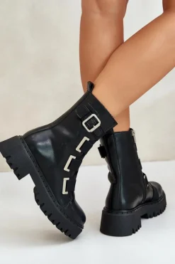 New Skórzane Botki Damskie Ocieplane Big Star OO274A256 Czarne Damskie Botki Skórzane|Botki Płaskie