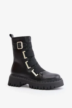 New Skórzane Botki Damskie Ocieplane Big Star OO274A256 Czarne Damskie Botki Skórzane|Botki Płaskie