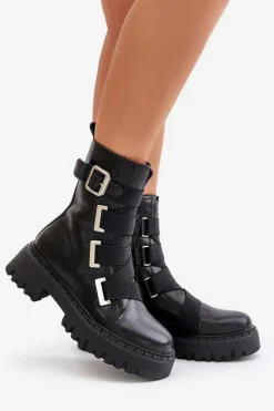 New Skórzane Botki Damskie Ocieplane Big Star OO274A256 Czarne Damskie Botki Skórzane|Botki Płaskie