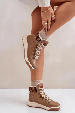 Trekkingowe Damskie|Damskie Trapery></noscript>Lee Cooper Skórzane Botki Damskie Ocieplane LCJ-24-01-2985 Beżowe