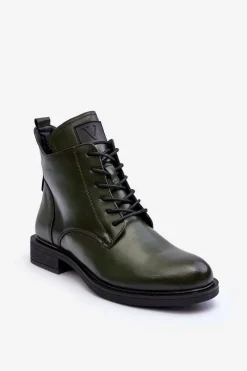 Outlet Skórzane Botki Damskie Workery Zielone Tedrick Damskie Botki Płaskie|Botki Workery