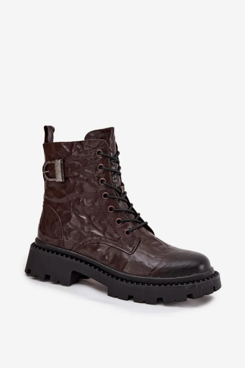 Botki Ocieplane|Botki Skórzane>Artiker Skórzane Botki Damskie Z Efektem Marszczenia I Klamrą 57C1007 Czekoladowe Brązowy