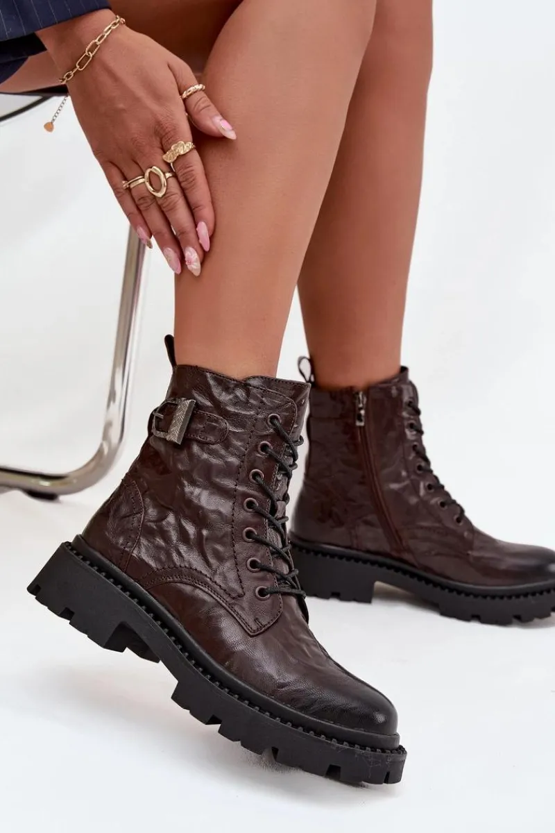 Botki Ocieplane|Botki Skórzane>Artiker Skórzane Botki Damskie Z Efektem Marszczenia I Klamrą 57C1007 Czekoladowe Brązowy