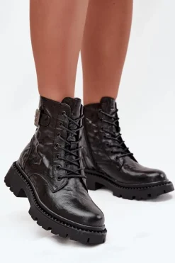 Outlet Skórzane Botki Damskie Z Efektem Marszczenia I Klamrą 57C1008 Czarne Damskie Botki Ocieplane|Botki Skórzane
