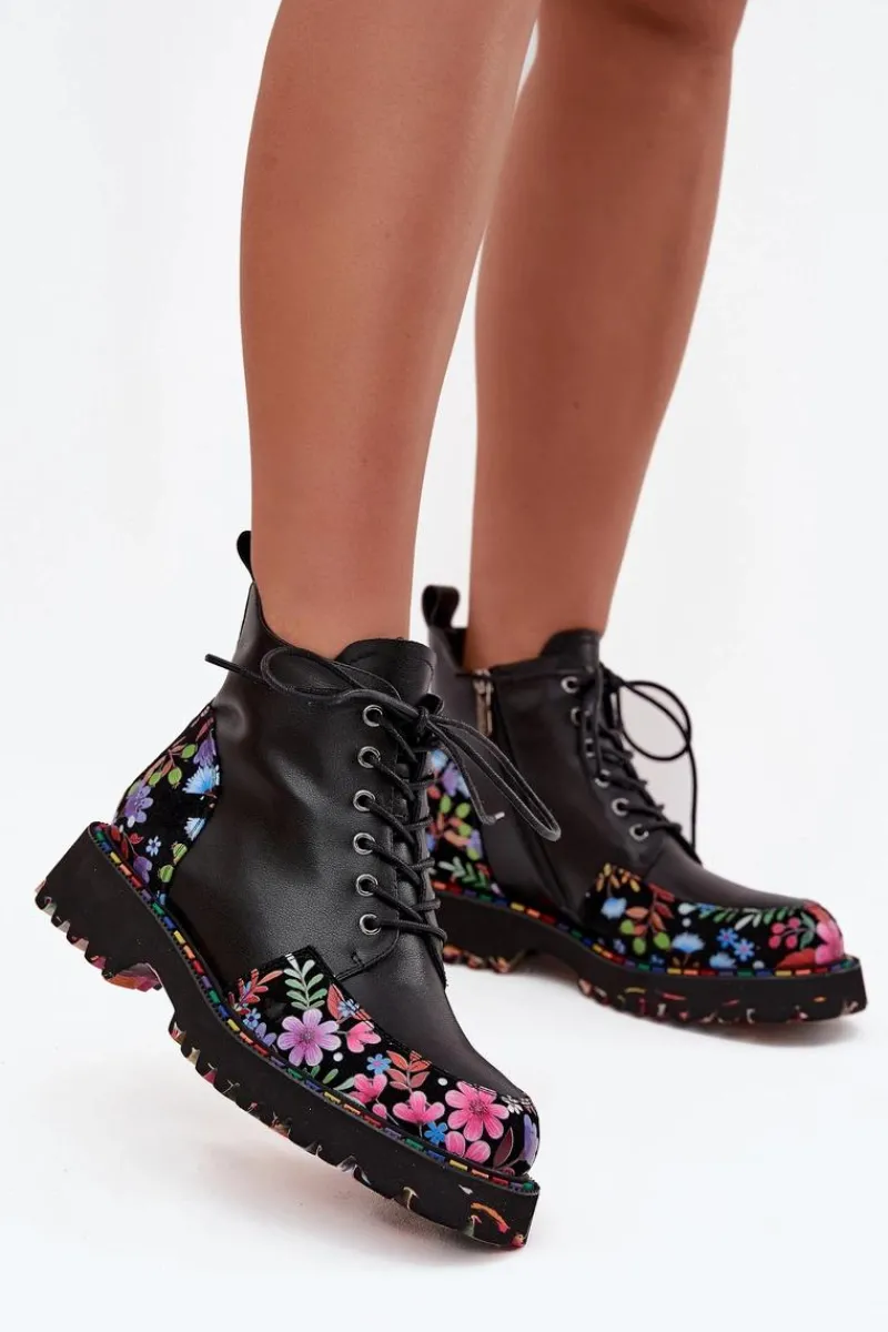 Hot Skórzane Botki Damskie Z Kwiatkami Ocieplane 57C0180 Czarne Damskie Botki Ocieplane|Botki Skórzane