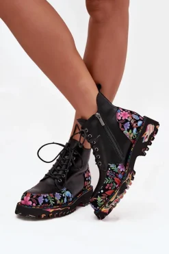 Hot Skórzane Botki Damskie Z Kwiatkami Ocieplane 57C0180 Czarne Damskie Botki Ocieplane|Botki Skórzane