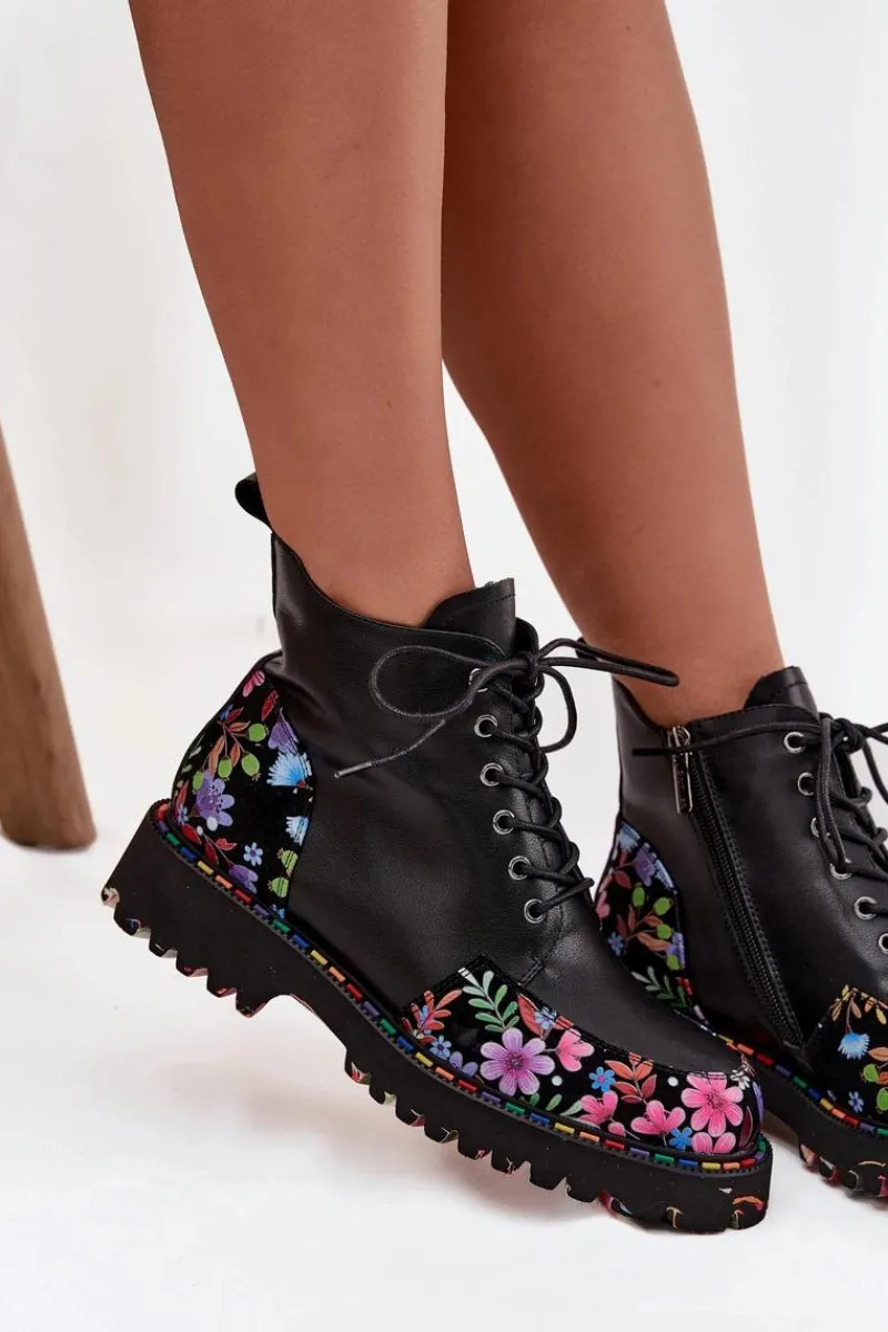 Hot Skórzane Botki Damskie Z Kwiatkami Ocieplane 57C0180 Czarne Damskie Botki Ocieplane|Botki Skórzane