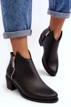 Online Boto Skórzane Botki Damskie Z Niską Cholewką Na Słupku Z Suwakami Czarne Annaja