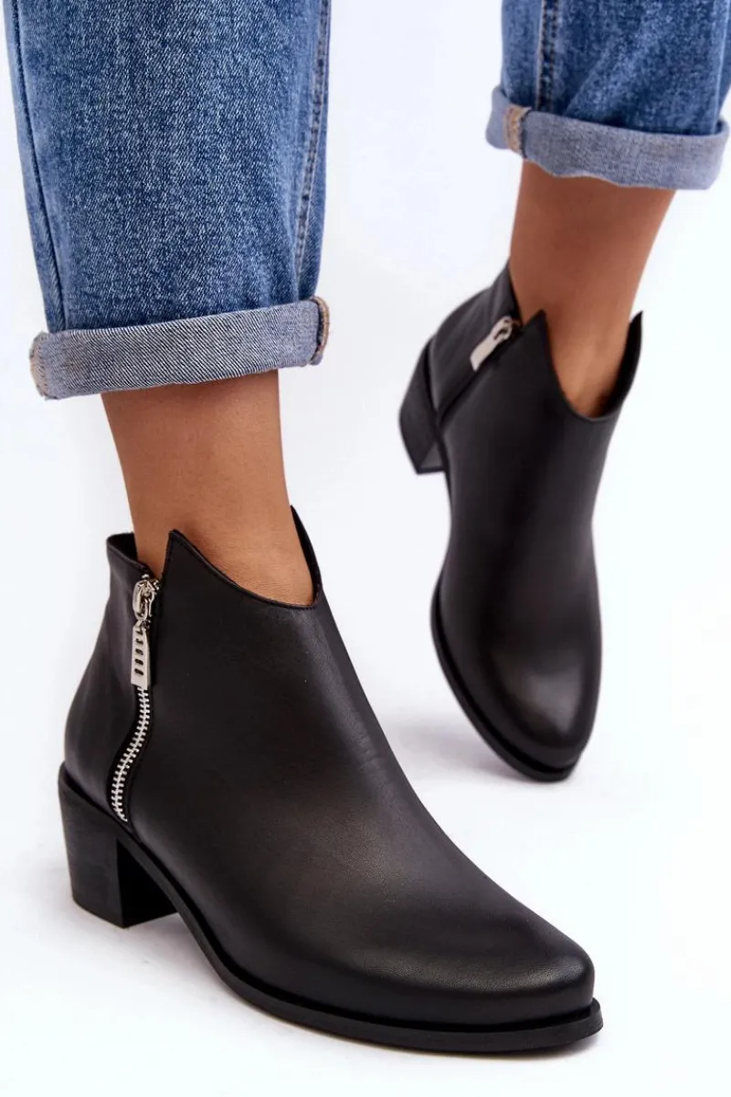 Online Boto Skórzane Botki Damskie Z Niską Cholewką Na Słupku Z Suwakami Czarne Annaja