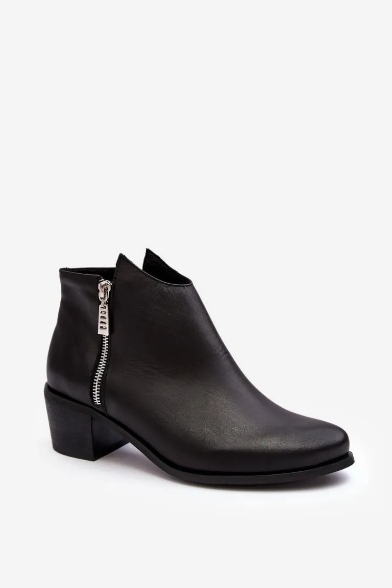 Online Boto Skórzane Botki Damskie Z Niską Cholewką Na Słupku Z Suwakami Czarne Annaja