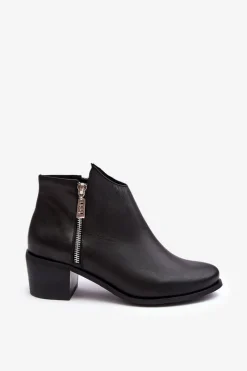 Online Boto Skórzane Botki Damskie Z Niską Cholewką Na Słupku Z Suwakami Czarne Annaja